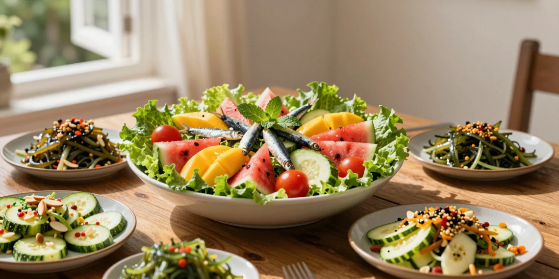 Ensalada de verano con sandía, mango, sardinillas, tomates cherry y pepino sobre mesa de madera rústica con luz mediterránea