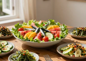 Ensalada de verano con sandía, mango, sardinillas, tomates cherry y pepino sobre mesa de madera rústica con luz mediterránea