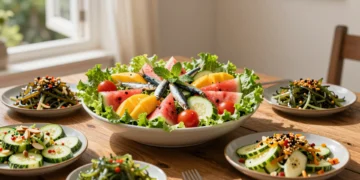 Ensalada de verano con sandía, mango, sardinillas, tomates cherry y pepino sobre mesa de madera rústica con luz mediterránea