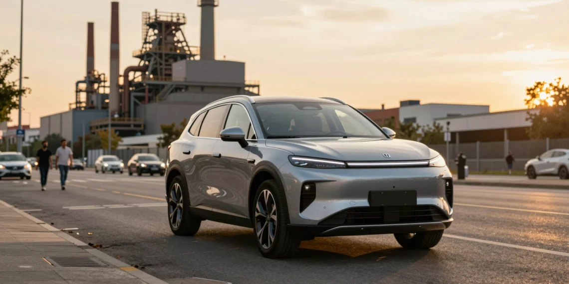 SUV híbrido Ebro plateado aparcado en un bulevar urbano de Barcelona con una planta de fabricación al fondo