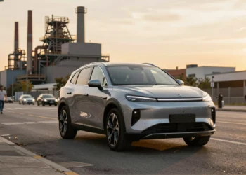 SUV híbrido Ebro plateado aparcado en un bulevar urbano de Barcelona con una planta de fabricación al fondo