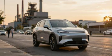 SUV híbrido Ebro plateado aparcado en un bulevar urbano de Barcelona con una planta de fabricación al fondo