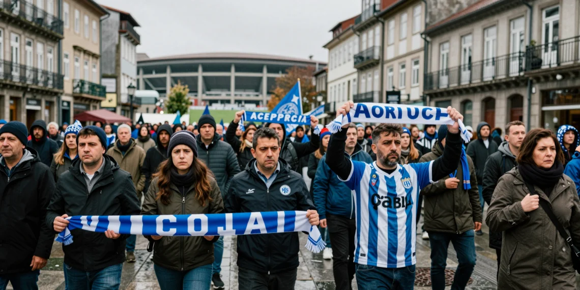 Aficionados del Deportivo con bufandas azules protestan con pancartas en una plaza de A Coruña bajo la lluvia