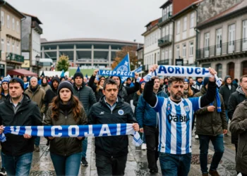 Aficionados del Deportivo con bufandas azules protestan con pancartas en una plaza de A Coruña bajo la lluvia