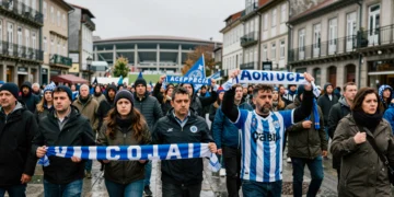 Aficionados del Deportivo con bufandas azules protestan con pancartas en una plaza de A Coruña bajo la lluvia