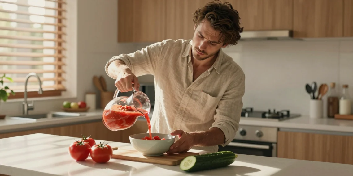 Profesional en cocina española sirviendo gazpacho frío en un cálido día de verano durante la jornada intensiva