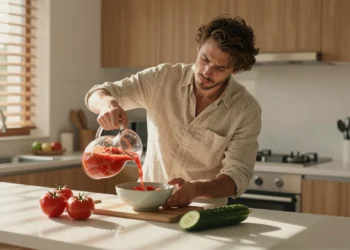 Profesional en cocina española sirviendo gazpacho frío en un cálido día de verano durante la jornada intensiva