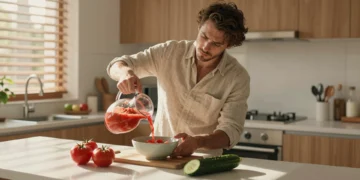 Profesional en cocina española sirviendo gazpacho frío en un cálido día de verano durante la jornada intensiva