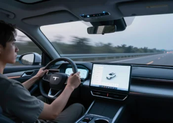 Conductor distraído mirando la pantalla táctil del coche mientras conduce por autopista al anochecer