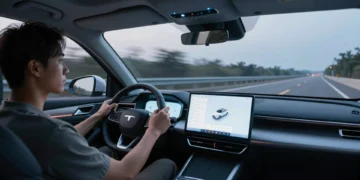 Conductor distraído mirando la pantalla táctil del coche mientras conduce por autopista al anochecer