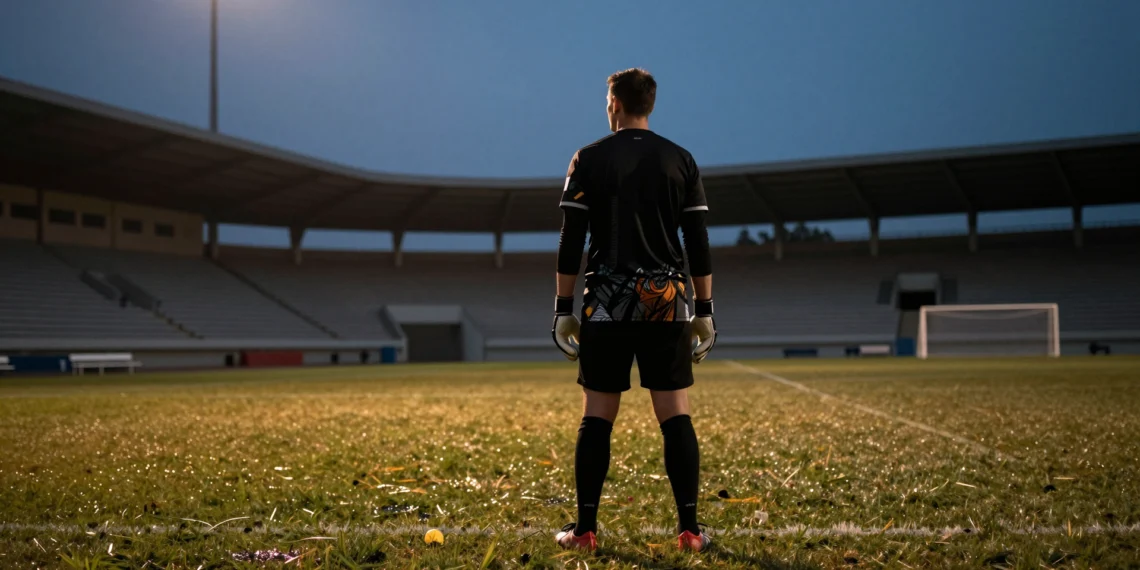 Portero solitario de espaldas al atardecer en el borde de un campo de fútbol vacío, bajo la luz cálida del estadio