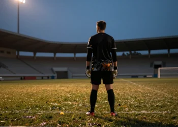 Portero solitario de espaldas al atardecer en el borde de un campo de fútbol vacío, bajo la luz cálida del estadio