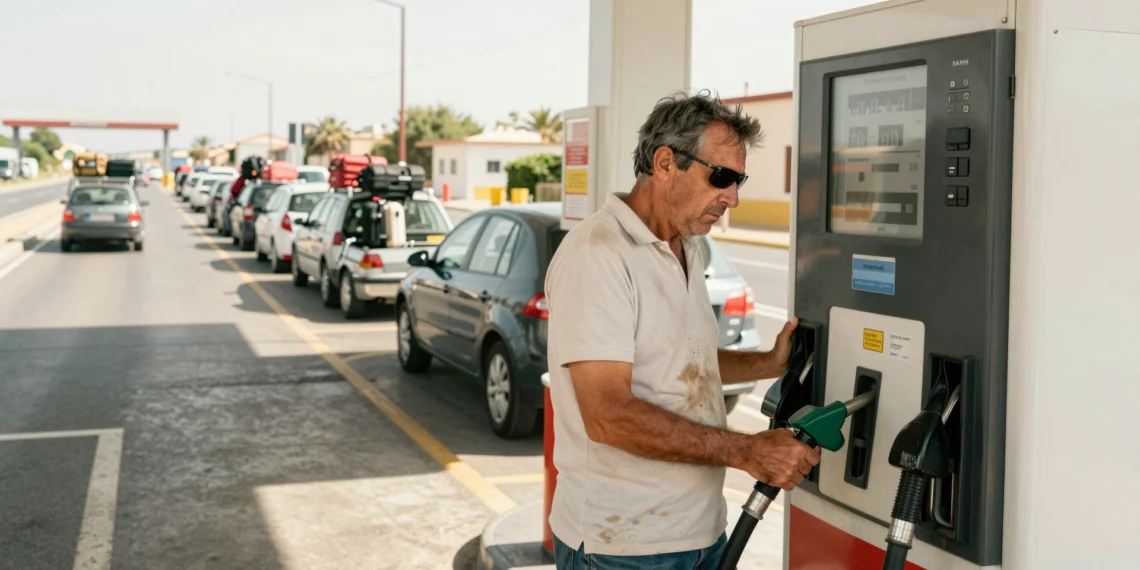 Conductor español agotado en gasolinera sujeta pistola de combustible mirando el precio con resignación en verano