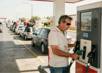 Conductor español agotado en gasolinera sujeta pistola de combustible mirando el precio con resignación en verano