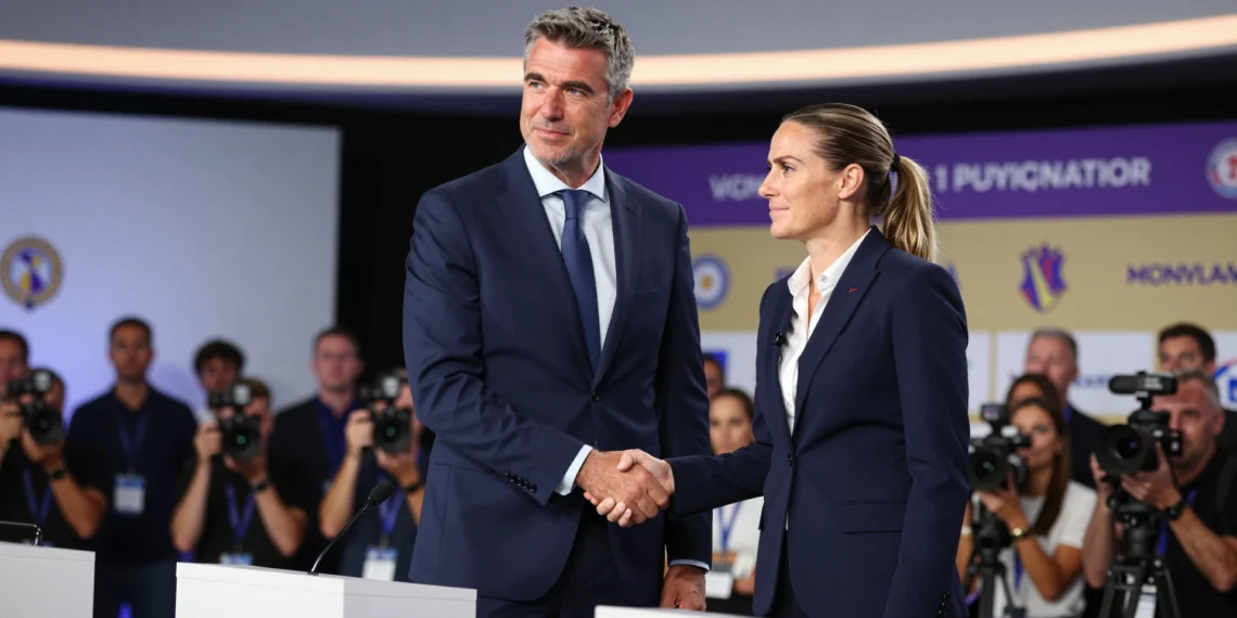 Pau Gasol estrecha la mano de una dirigente del fútbol femenino en rueda de prensa tras invertir 55 millones en la Liga F