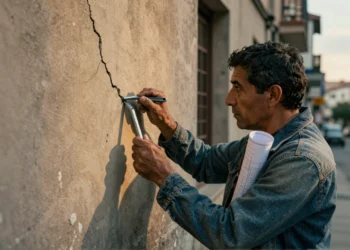 Manos de ingeniero latinoamericano con llave Allen examinando grieta en pared de estuco en barrio obrero de Madrid