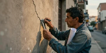 Manos de ingeniero latinoamericano con llave Allen examinando grieta en pared de estuco en barrio obrero de Madrid