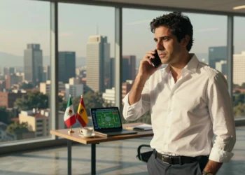 Directivo asturiano-mexicano en oficina moderna con vista al skyline de Ciudad de México durante el Mundial