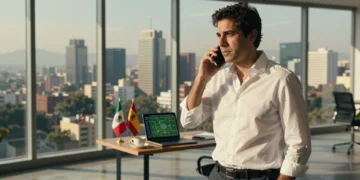 Directivo asturiano-mexicano en oficina moderna con vista al skyline de Ciudad de México durante el Mundial