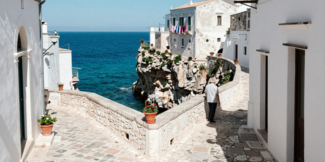 Callejón medieval de piedra blanca en Vieste, Puglia, con vistas al mar Adriático desde lo alto del acantilado