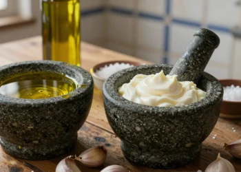 Dos morteros de piedra con alioli tradicional y salsa de ajo con mayonesa, junto a ajos y aceite de oliva virgen extra