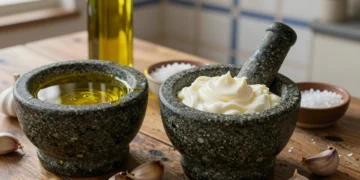 Dos morteros de piedra con alioli tradicional y salsa de ajo con mayonesa, junto a ajos y aceite de oliva virgen extra