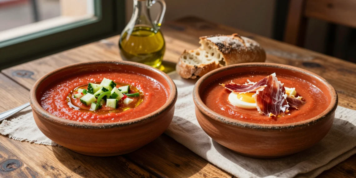 Dos boles de cerámica rústica con gazpacho y salmorejo tradicionales sobre mesa de madera en terraza de restaurante español