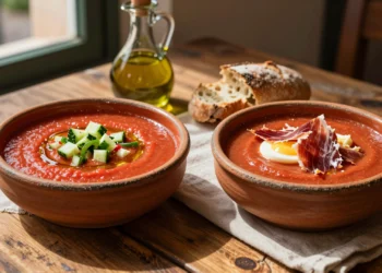 Dos boles de cerámica rústica con gazpacho y salmorejo tradicionales sobre mesa de madera en terraza de restaurante español