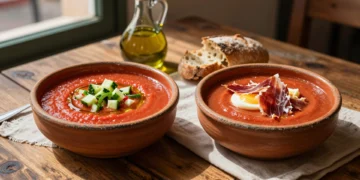 Dos boles de cerámica rústica con gazpacho y salmorejo tradicionales sobre mesa de madera en terraza de restaurante español