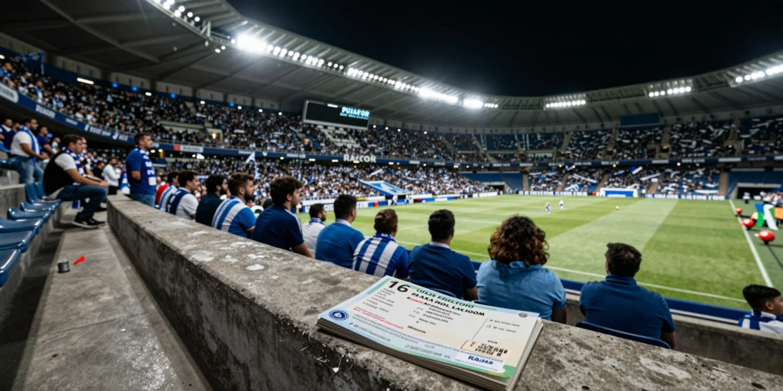 Abono de temporada y recibo sobre un asiento del estadio Riazor con aficionados del Deportivo al fondo