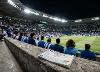 Abono de temporada y recibo sobre un asiento del estadio Riazor con aficionados del Deportivo al fondo