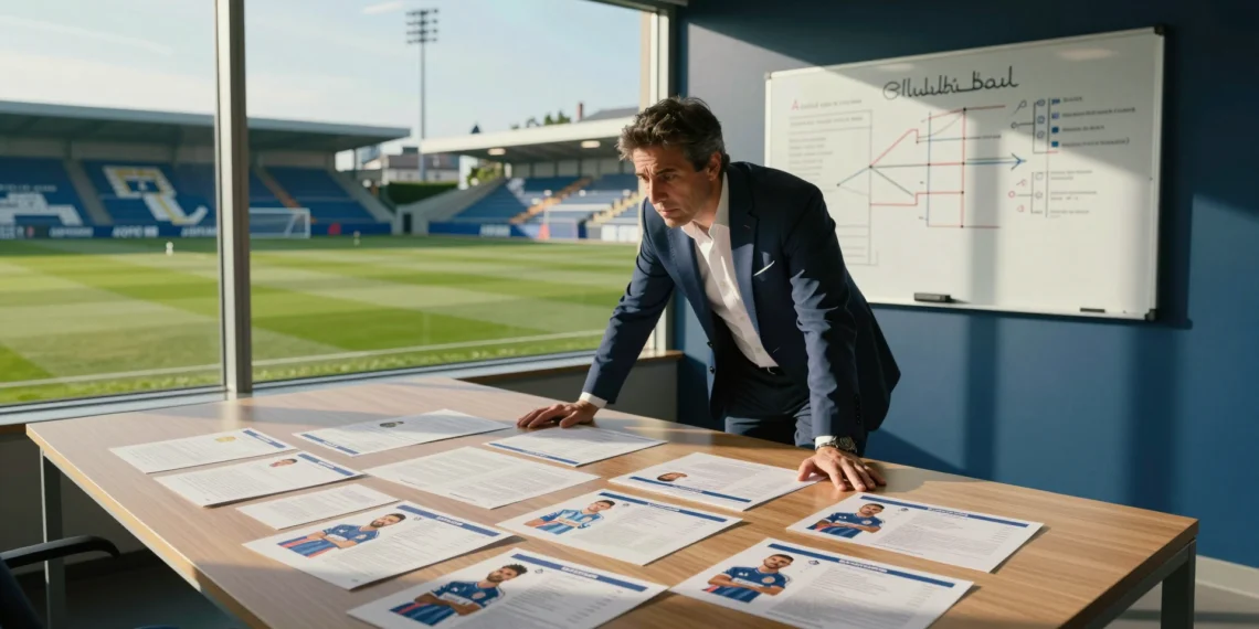 Directivo deportivo en oficina moderna del Deportivo de A Coruña revisando dossieres de fichajes sobre un escritorio táctico