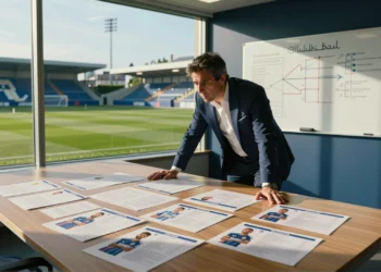 Directivo deportivo en oficina moderna del Deportivo de A Coruña revisando dossieres de fichajes sobre un escritorio táctico