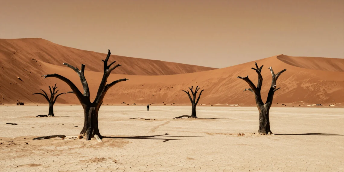 Árboles muertos de espina de camello en Deadvlei, Namibia, con dunas rojas y cielo ámbar al atardecer