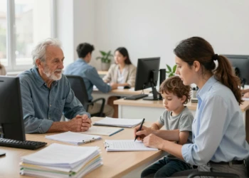 Trabajadora social atiende a una madre con bebé y un anciano en una oficina de servicios sociales municipales en Murcia