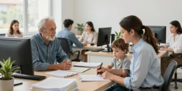 Trabajadora social atiende a una madre con bebé y un anciano en una oficina de servicios sociales municipales en Murcia
