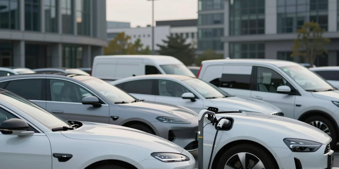 Flota de vehículos eléctricos corporativos aparcados en un distrito empresarial europeo con cable de carga enchufado