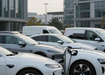 Flota de vehículos eléctricos corporativos aparcados en un distrito empresarial europeo con cable de carga enchufado