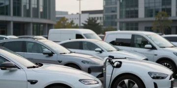 Flota de vehículos eléctricos corporativos aparcados en un distrito empresarial europeo con cable de carga enchufado
