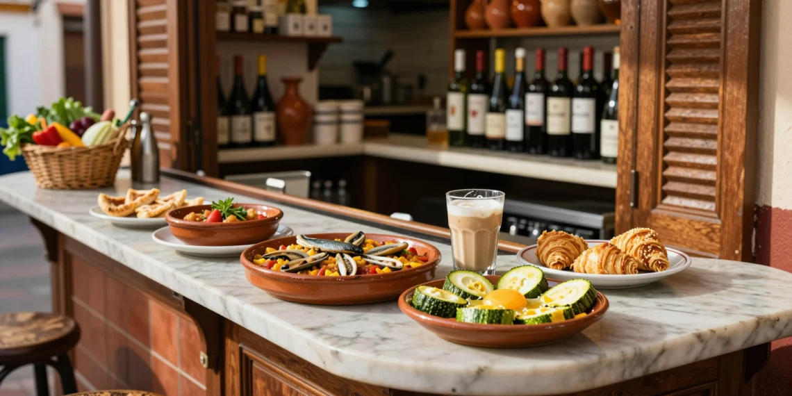 Barra de bar murciano con tapas típicas: marinera con anchoa, michirones, zarangollo y café asiático sobre mármol