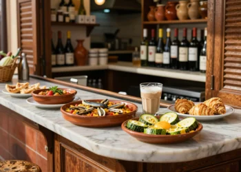 Barra de bar murciano con tapas típicas: marinera con anchoa, michirones, zarangollo y café asiático sobre mármol
