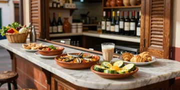 Barra de bar murciano con tapas típicas: marinera con anchoa, michirones, zarangollo y café asiático sobre mármol