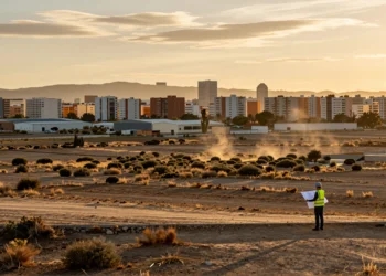 Urbanista con casco y chaleco reflectante revisa planos en terreno sin desarrollar en el área metropolitana de València