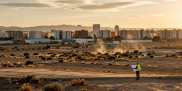 Urbanista con casco y chaleco reflectante revisa planos en terreno sin desarrollar en el área metropolitana de València
