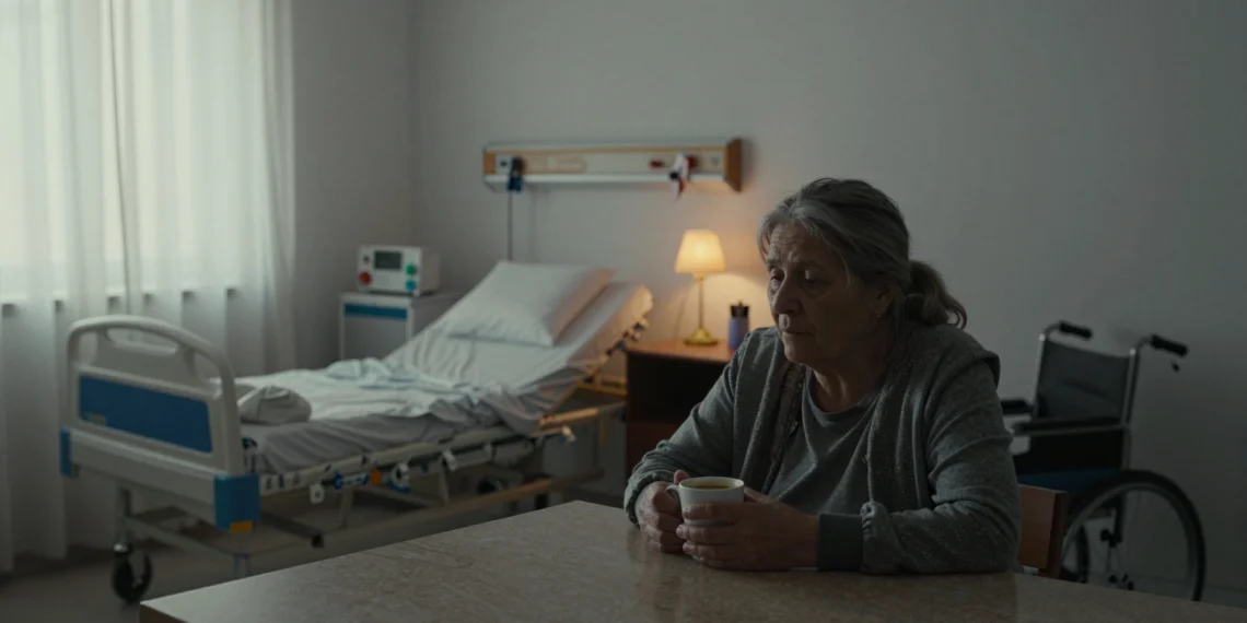 Mujer cuidadora en hogar modesto español con café, cama hospitalaria al fondo, símbolo del sacrificio invisible familiar