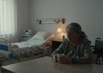 Mujer cuidadora en hogar modesto español con café, cama hospitalaria al fondo, símbolo del sacrificio invisible familiar