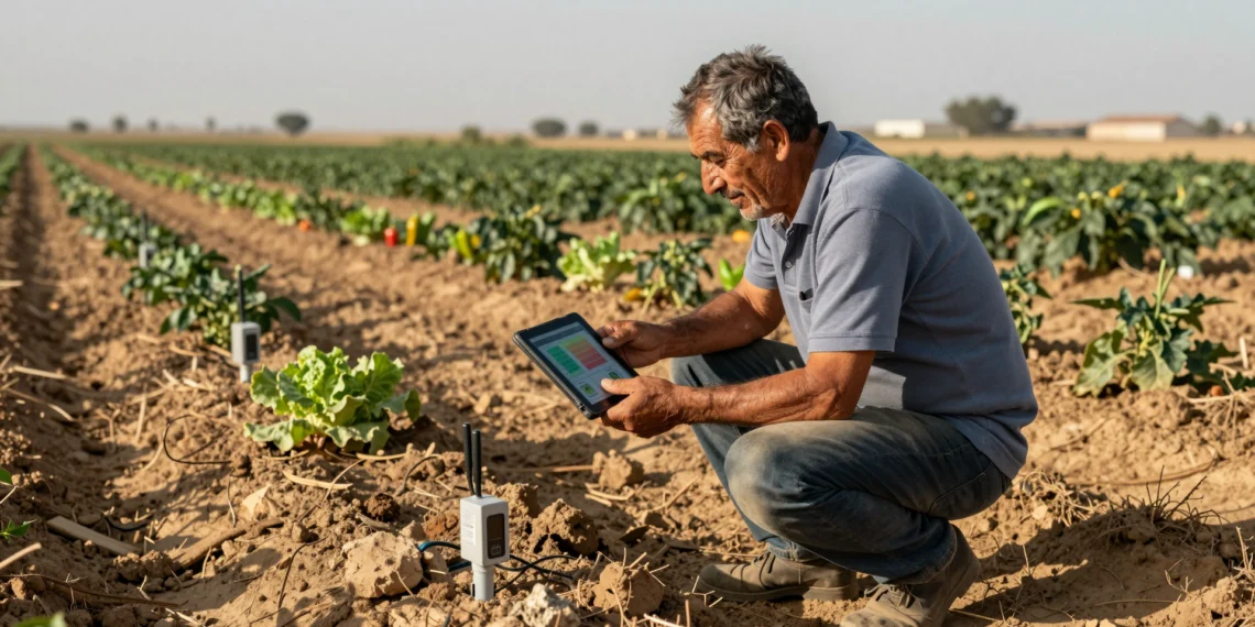 Agricultor murciano mayor con tablet mostrando datos de sensores en campo de cultivo bajo sol mediterráneo