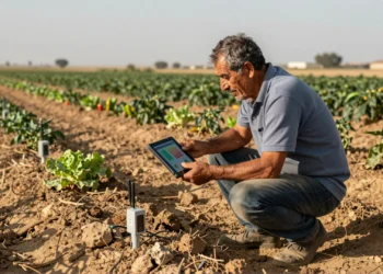 Agricultor murciano mayor con tablet mostrando datos de sensores en campo de cultivo bajo sol mediterráneo
