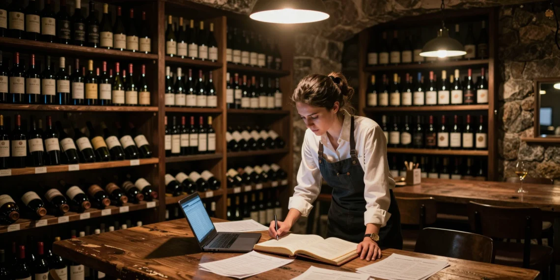 Sumiller concentrada revisando facturas y libros de contabilidad en una bodega de restaurante con estantes llenos de vino