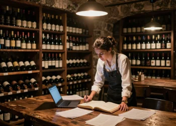 Sumiller concentrada revisando facturas y libros de contabilidad en una bodega de restaurante con estantes llenos de vino